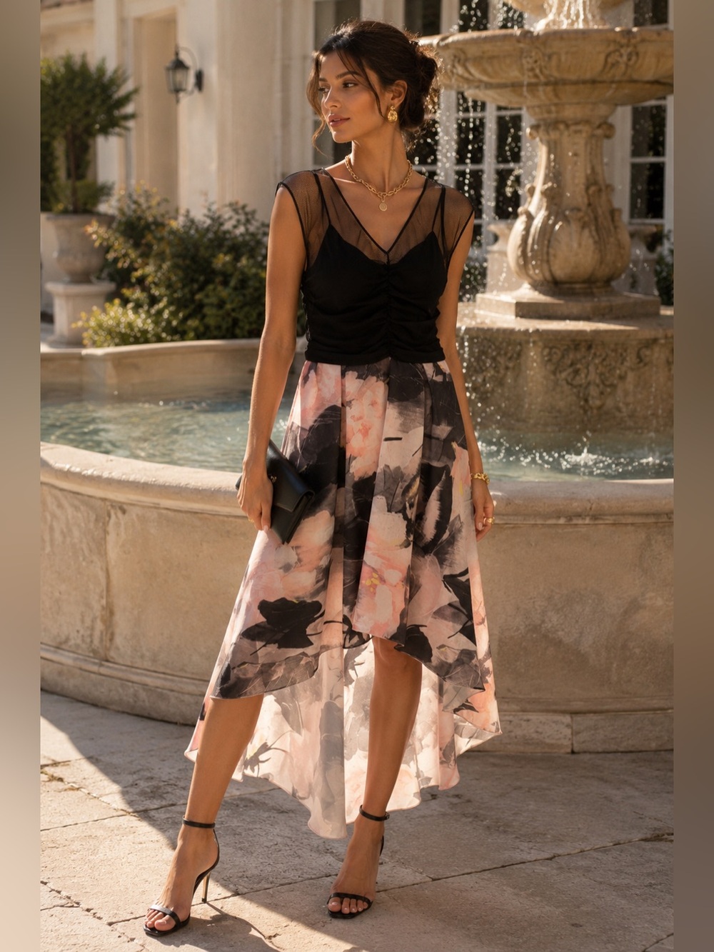 Made in Italy Mesh Illusion Floral Dress Ruched‎ Bodice High Low Hem